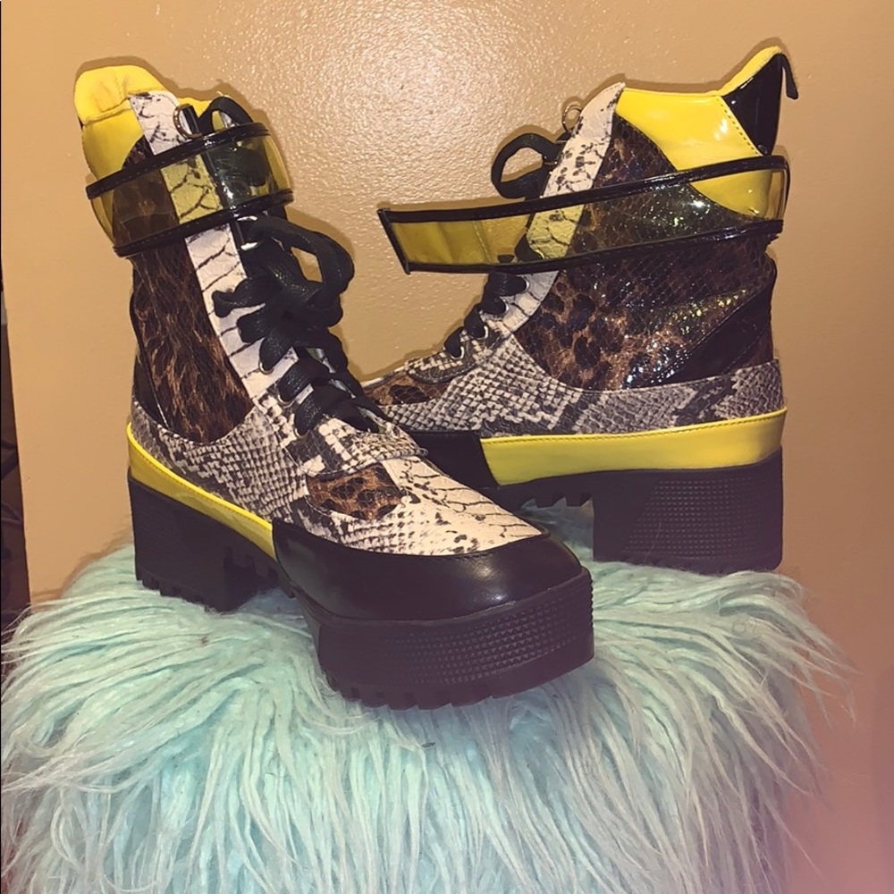 Fashion Nova Neon yellow/animal print combat boot